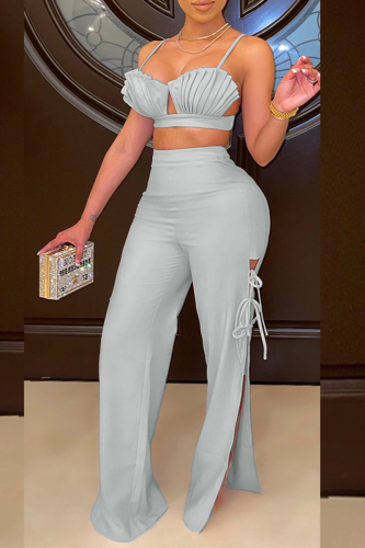 Grey Sexy Solid Fold Spaghetti Strap Sleeveless Two Pieces
