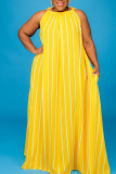 Yellow Casual Striped Print Split Joint O Neck Sleeveless Dress Plus Size Dresses