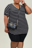 Black Casual Striped Print Patchwork V Neck Plus Size Two Pieces