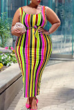 Multicolor Sexy Striped Print Patchwork U Neck Pencil Skirt Plus Size Dresses