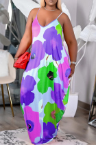 Purple Fashion Casual Plus Size Print Backless Spaghetti Strap Long Dress