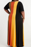 Black Orange Casual Striped Print Split Joint O Neck Straight Plus Size Dresses