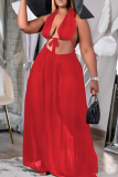 Red Fashion Sexy Solid Bandage Backless Halter Sleeveless Two Pieces