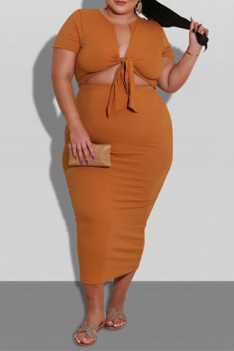 Brown Fashion Casual Solid Bandage V Neck Plus Size Two Pieces
