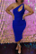 Deep Blue Fashion Sexy Solid Hollowed Out One Shoulder Sleeveless Dress