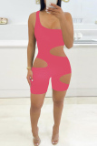 Pink Fashion Sexy Solid Hollowed Out One Shoulder Skinny Romper