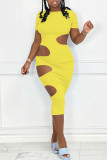 Yellow Fashion Sexy Solid Hollowed Out O Neck Short Sleeve Dress Dresses