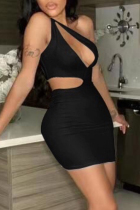 Black Fashion Sexy Solid Hollowed Out One Shoulder Sleeveless Dress