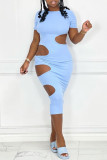 Light Blue Fashion Sexy Solid Hollowed Out O Neck Short Sleeve Dress Dresses