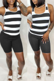 Black Casual Striped Print Vests U Neck Sleeveless Two Pieces