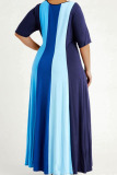 Blue Casual Striped Print Split Joint O Neck Straight Plus Size Dresses