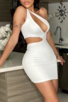 White Fashion Sexy Solid Hollowed Out One Shoulder Sleeveless Dress