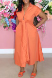 Orange Fashion Casual Solid Bandage Turndown Collar Short Sleeve Dress