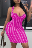 Black Fashion Sexy Striped Print Backless V Neck Vest Dress
