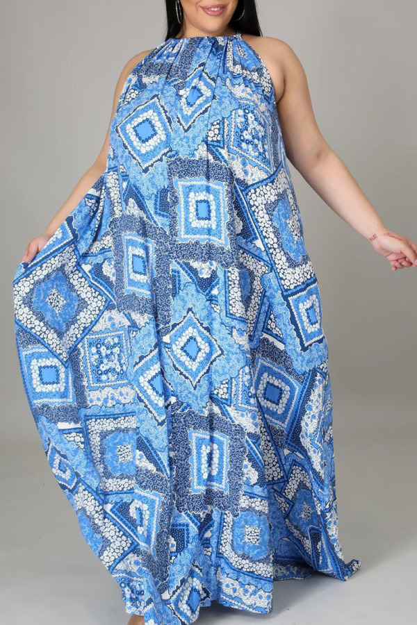 Blue Casual Print Patchwork Backless Halter Straight Plus Size Dresses