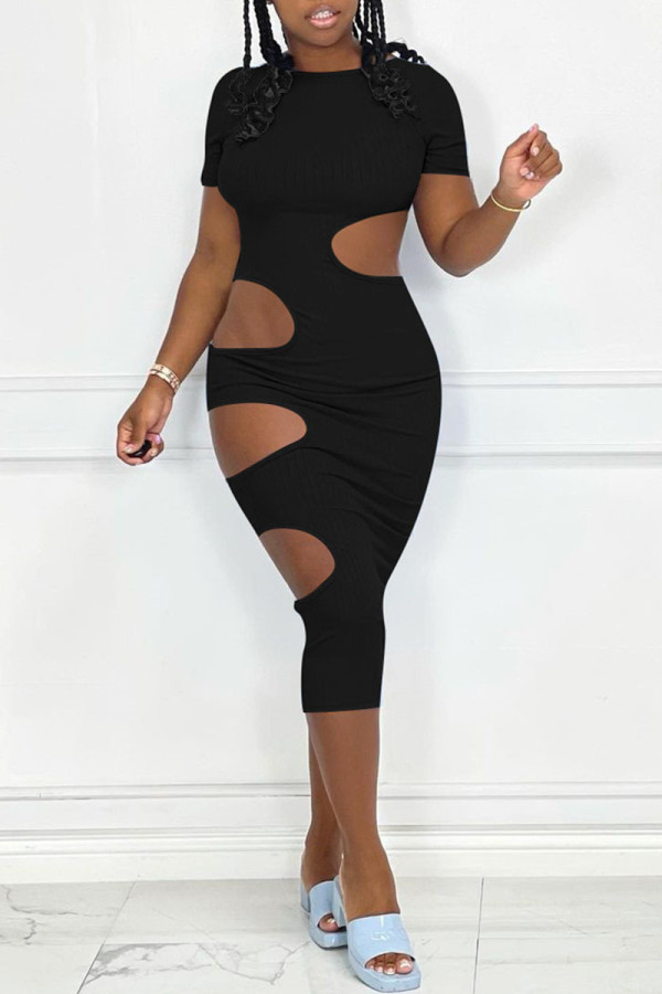 Black Fashion Sexy Solid Hollowed Out O Neck Short Sleeve Dress Dresses