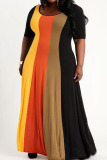Black Orange Casual Striped Print Split Joint O Neck Straight Plus Size Dresses