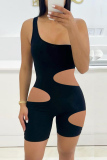 Black Fashion Sexy Solid Hollowed Out One Shoulder Skinny Romper