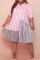 Pink Fashion Plus Size Striped Print Patchwork Turndown Collar Shirt Dress (Without Belt)