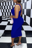 Deep Blue Fashion Sexy Solid Hollowed Out One Shoulder Sleeveless Dress