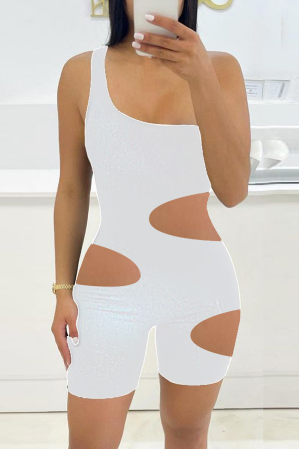 White Fashion Sexy Solid Hollowed Out One Shoulder Skinny Romper