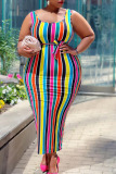 Multicolor Sexy Striped Print Patchwork U Neck Pencil Skirt Plus Size Dresses