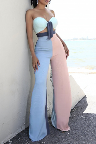 Multicolor Sexy Color Block Draw String Strapless Sleeveless Two Pieces