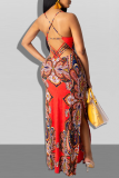 Red Sexy Print Patchwork Spaghetti Strap Straight Dresses