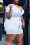 White Casual Solid Bandage Patchwork V Neck Plus Size Jumpsuits