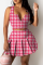Red Sexy Plaid Patchwork V Neck Sleeveless Two Pieces