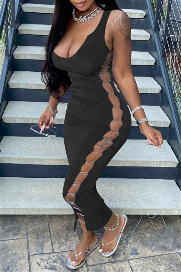 Black Fashion Sexy Solid Hollowed Out U Neck Vest Dress