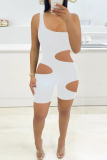 White Fashion Sexy Solid Hollowed Out One Shoulder Skinny Romper