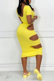 Yellow Fashion Sexy Solid Hollowed Out O Neck Short Sleeve Dress Dresses