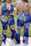 Blue Fashion Sexy Print Backless V Neck Plus Size Jumpsuits