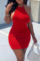 Red Fashion Sexy Solid Backless O Neck Sleeveless Dress