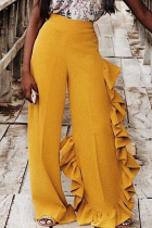 Yellow Elastic Fly Mid Patchwork Loose Pants Pants