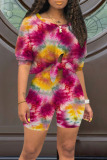 Yellow Casual Tie Dye Bandage Split Joint O Neck Half Sleeve Two Pieces