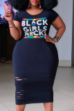 Black Casual Print Patchwork O Neck Pencil Skirt Plus Size Dresses