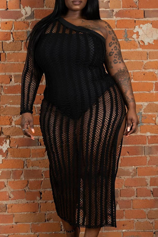 Black Sexy Solid Mesh One Shoulder Straight Plus Size Dresses(without underwear)