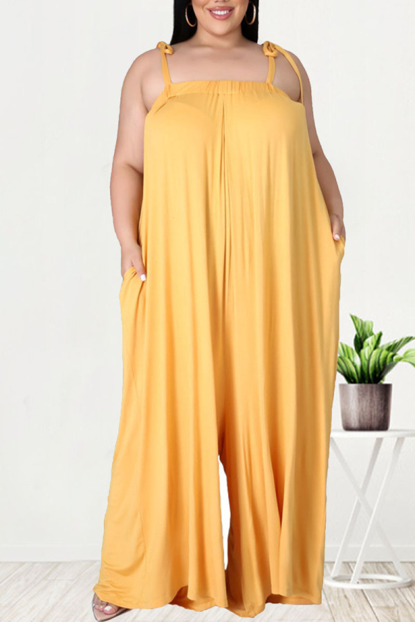 Yellow Casual Solid Patchwork Frenulum Spaghetti Strap Plus Size Jumpsuits