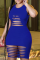 Blue Sexy Solid Hollowed Out U Neck Pencil Skirt Dresses