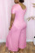 Pink Casual Solid Patchwork V Neck Loose Jumpsuits