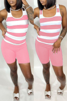 Pink Casual Striped Print Vests U Neck Sleeveless Two Pieces