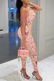Pink Fashion Sexy Print Backless Halter Skinny Jumpsuits