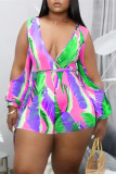 Yellow Fashion Casual Print Hollowed Out V Neck Plus Size Romper