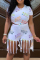 White Fashion Casual Print Tassel O Neck Short Sleeve Two Pieces