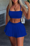 Blue Fashion Sexy Solid Backless Spaghetti Strap Sleeveless Two Pieces