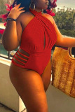 Red Sexy Solid Hollowed Out Patchwork Halter Plus Size Swimwear