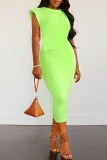 Fluorescent Green Fashion Casual Solid Basic O Neck Sleeveless Dress Dresses