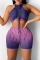 Purple Sexy Print Patchwork O Neck Sleeveless Two Pieces